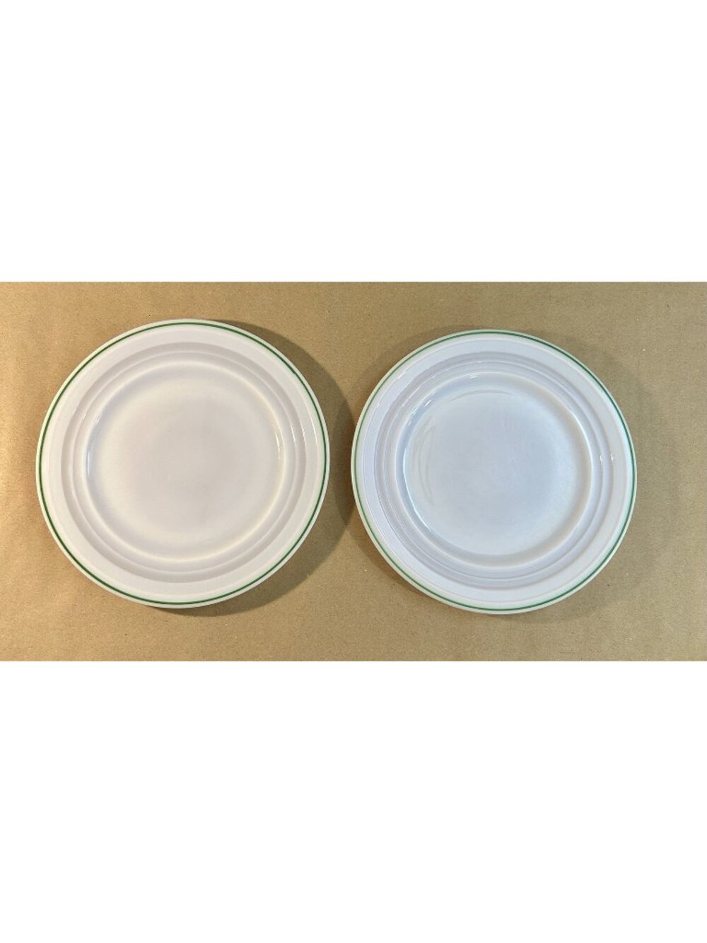 Set of 2 Vintage Milk Glass Dinner Plates- White with Green Stripe- 10.75"